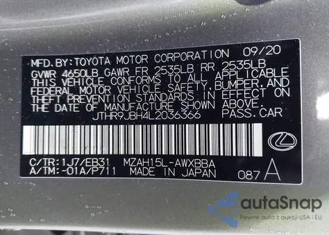 2020 Lexus Ux 250H F Sport из США, поврежденный, VIN JTHR9JBH4L2036366